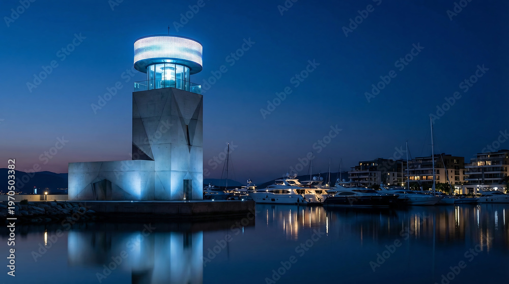 Naklejka premium Modern Concrete Lighthouse Illuminating Marina at Night