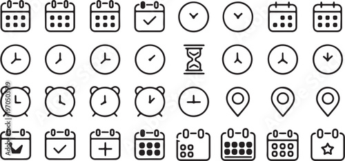 Date, time, and location thin line icon set minimal clean editable stroke vector collection for web, app, and UI design isolated on white