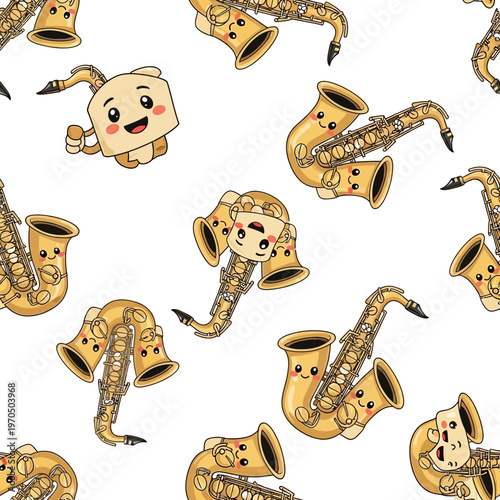 Cute cartoon saxophones with faces and arms in a pattern.