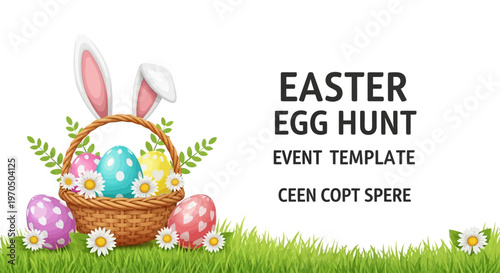 A festive Easter egg hunt event template featuring a wicker basket overflowing with decorated eggs and bunny ears, adorned with floral accents, set against a lush green grass border