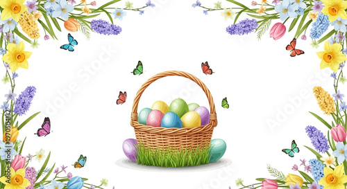 Illustrated vector graphic for an Easter Monday egg hunt event invitation, featuring a woven basket filled with colorful eggs on green grass, framed by floral decorations and butterflies