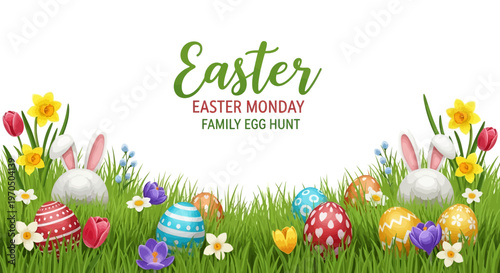 A vibrant vector design for an Easter Monday egg hunt flyer features a floral border, bunny ears, and decorated eggs nestled in green grass, creating a colorful, inviting template