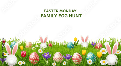 Vibrant Easter egg hunt invitation vector template featuring colorful decorated eggs, floral accents, and bunny ears scattered across lush green grass against a clean white background