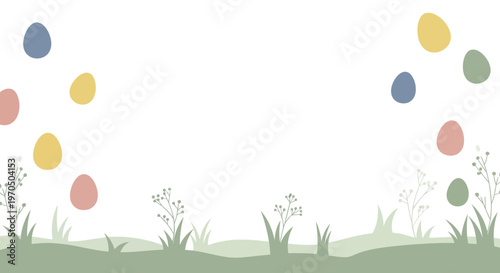 An Easter egg hunt event invitation vector design features a decorative frame with floral accents, pastel-colored eggs, and grassy borders, set against a clean white background
