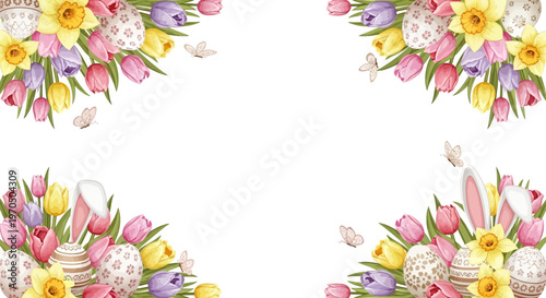 Decorative Easter egg hunt event invitation vector design featuring floral arrangements of yellow daffodils, pink tulips, and patterned eggs with bunny ears, set against a clean white