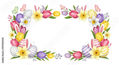 Vector illustration of an Easter egg hunt event template, featuring a colorful floral border with tulips, daffodils, and decorated eggs, set against a clean white background