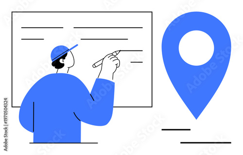 Education, navigation, presentation, training, location services, teamwork. Person writing on a board with a large location pin icon. Education and navigation themed visual