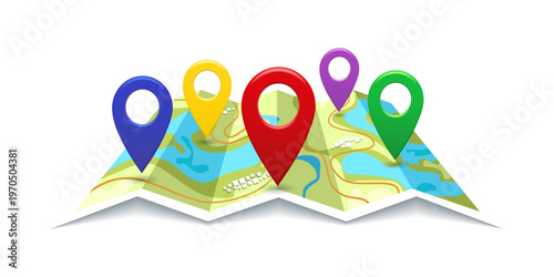 Folded map with markers and location pointers indicating multiple destinations navigation travel concept cartography design illustration