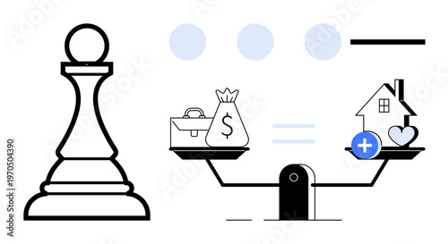 Financial decision-making visual. Chess pawn and balanced scale showing money versus property and wellbeing. Financial planning, choices in investment, and resource management. Perfect for financial
