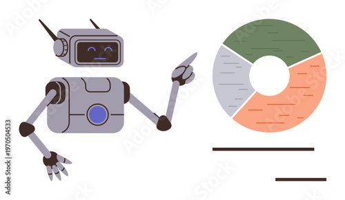Data science, technology education, artificial intelligence, analytics, automation, innovation. Robot pointing at pie chart with hand gesture. Data science and technology education concept