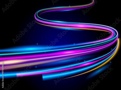 High speed data flow with neon light dynamic traces big data traffic streams futuristic technology network abstract digital background concept