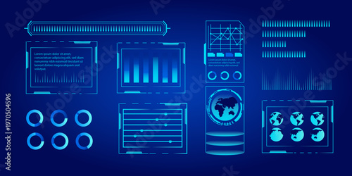 Futuristic HUD user interface for app with infographic elements virtual graphics simulation augmented reality screen monitor dashboard design