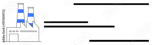 Energy production, industrial development, urban planning, environmental impact, manufacturing, efficiency. Factory with chimneys and horizontal lines. Energy production and industrial development
