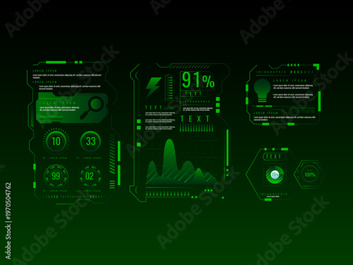 Futuristic vector HUD interface screen design with digital callouts titles advanced UI GUI elements high tech display system sci fi dashboard overlay virtual technology concept