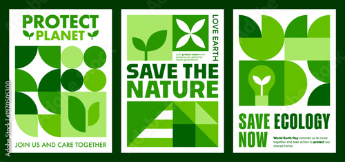 Save nature environment eco vector posters with green geometric pattern of circles, leaves, stars and triangles. Earth Day, eco product, ecological event posters. Ecology protection mosaic cards
