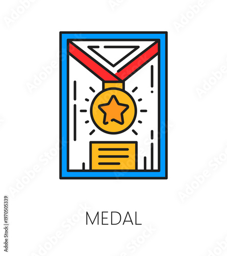 Museum and art gallery exhibition color line icon of medal award, vector pictogram. Museum exhibition and art gallery icon of medal for best exposition or appreciation and worldwide recognition sign