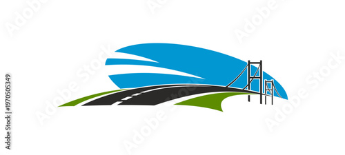Bridge vector icon featuring black bridge against blue sky, with an asphalt road and green grass. Abstract symbol symbolizes connection and progress, for construction firms, urban development projects
