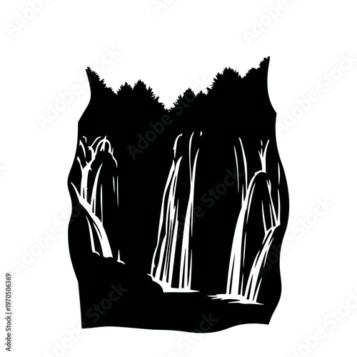 Cascading Falls Silhouette: A dramatic silhouette of a powerful waterfall plunges downwards. The contrast between the rushing water and the surrounding landscape.