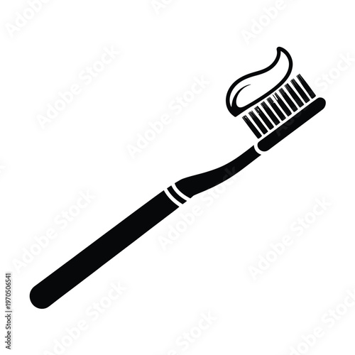A black and white illustration of a toothbrush with toothpaste
