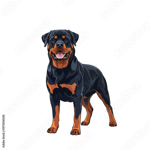 Loyal Rottweiler: A dignified rottweiler, distinguished by its sleek black coat and striking tan markings, stands in proud pose, embodying strength, loyalty and a gentle spirit.