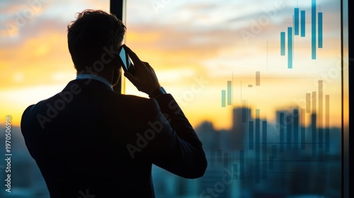 Financial Trader Using Mobile Phone With Stock Market Graph on Window View