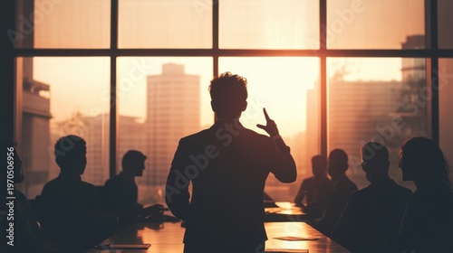 Silhouette of a Business Leader Addressing Colleagues with Cityscape Backdrop