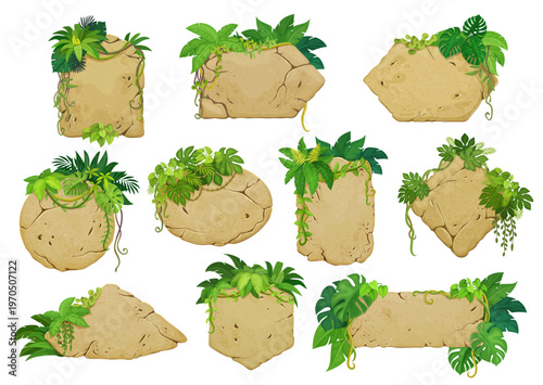 Cracked stone plates with jungle lianas. Road board sign or direction pointer, isolated cartoon vector banners covered in jungle vine shrubs, climbing plants. Old stone plates with cracks and lianas