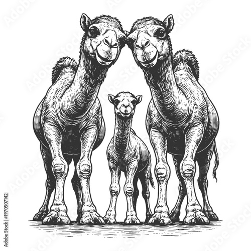 Desert Camel Family with Parents and Baby Calf in Traditional Vintage Engraving Style Vector Illustration Hand Drawn Woodcut Art on White Background