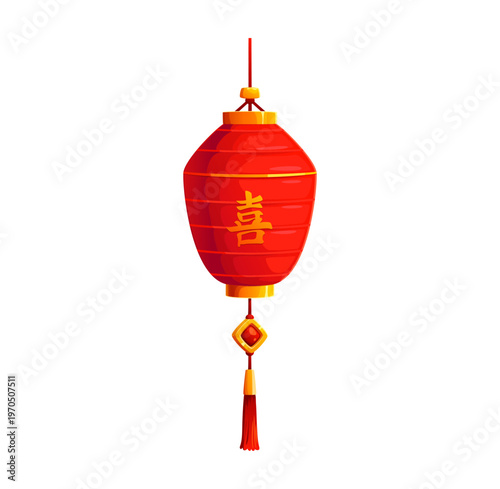 Red Asian paper lantern, Chinese or Korean and Japanese festival lamp, vector icon. Asian paper lantern with Chinese greeting hieroglyph and golden ornament of lucky knot tassel on lamp decoration
