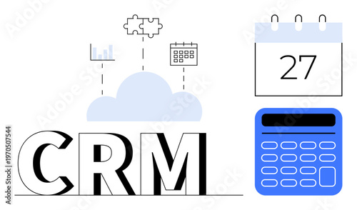 Customer relationship management, productivity tools, data analysis, cloud integration, business planning, organization. CRM in bold letters with cloud, calendar and calculator graphics. Customer