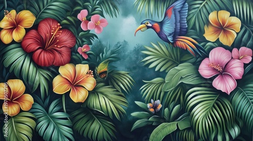 Exotic refuge composition with toucan, hibiscus and diverse green tropical leaves