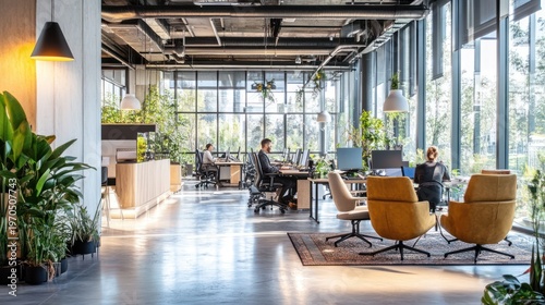 Modern office interior with plants, promoting a sustainable and vibrant workspace