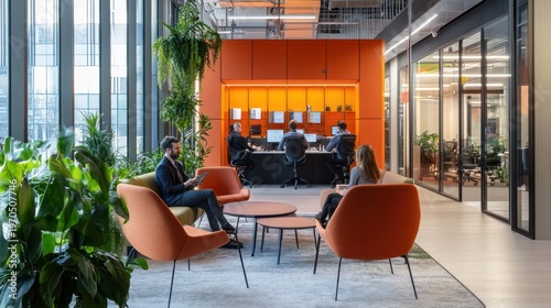 Inviting open office space with biophilic design and collaborative workspaces
