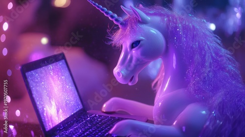 A magical unicorn working on a laptop with a cosmos screen with pink lights