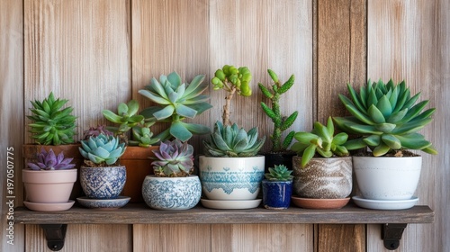Diverse succulent arrangement on a rustic wooden shelf against a paneled backdrop