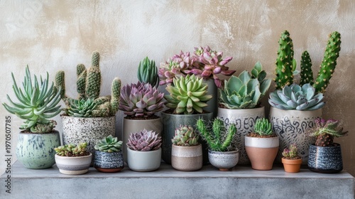 Diverse Succulent Collection in Decorative Pots Against Textured Backdrop