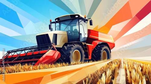Agricultural Vehicle Harvesting Crops in Vibrant Polygon Art Style Illustration
