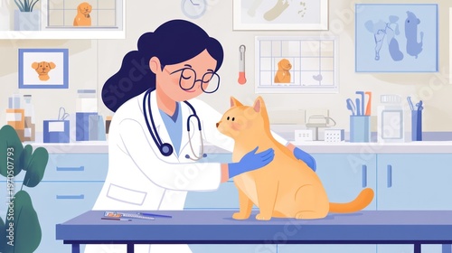 Veterinarian examining a ginger cat in a clinic, animal healthcare illustration