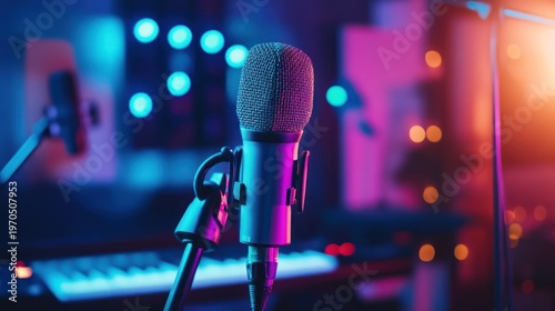Captivating Microphone Shot Illuminated by Neon Lights in a Studio Setting