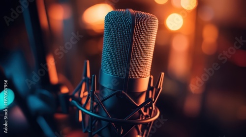 Professional Microphone in Recording Studio with Warm Backlighting Ambience