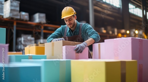 Efficient worker inspecting colorful packages in a warehouse environment