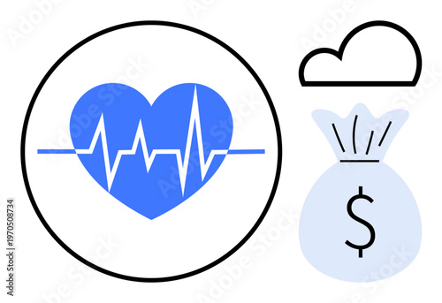 Healthcare finance, digital health, medical services, budget management, insurance concepts, cloud storage. Blue heart icon with a heartbeat, money bag symbol cloud graphic. Healthcare finance