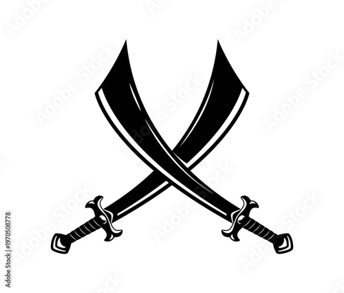 Filibuster pirate crossed daggers and swords icon. Pirate battle blades graphic emblem, corsair crossed sabers isolated vector symbol. Filibuster ancient swords monochrome icon