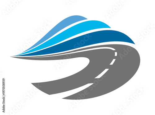 Speed highway road graphic icon or sign. Asphalt road icon, speed way abstract vector emblem. Highway pathway graphic label or freeway route symbol with asphalt road curving in blue sky clouds