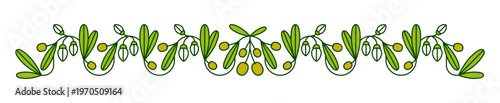 Olive divider, separator and border frame with branches, leaves and fruits. Vector horizontal greenery garland with Mediterranean olive harvest motif. Decorative natural plant isolated floral ornament