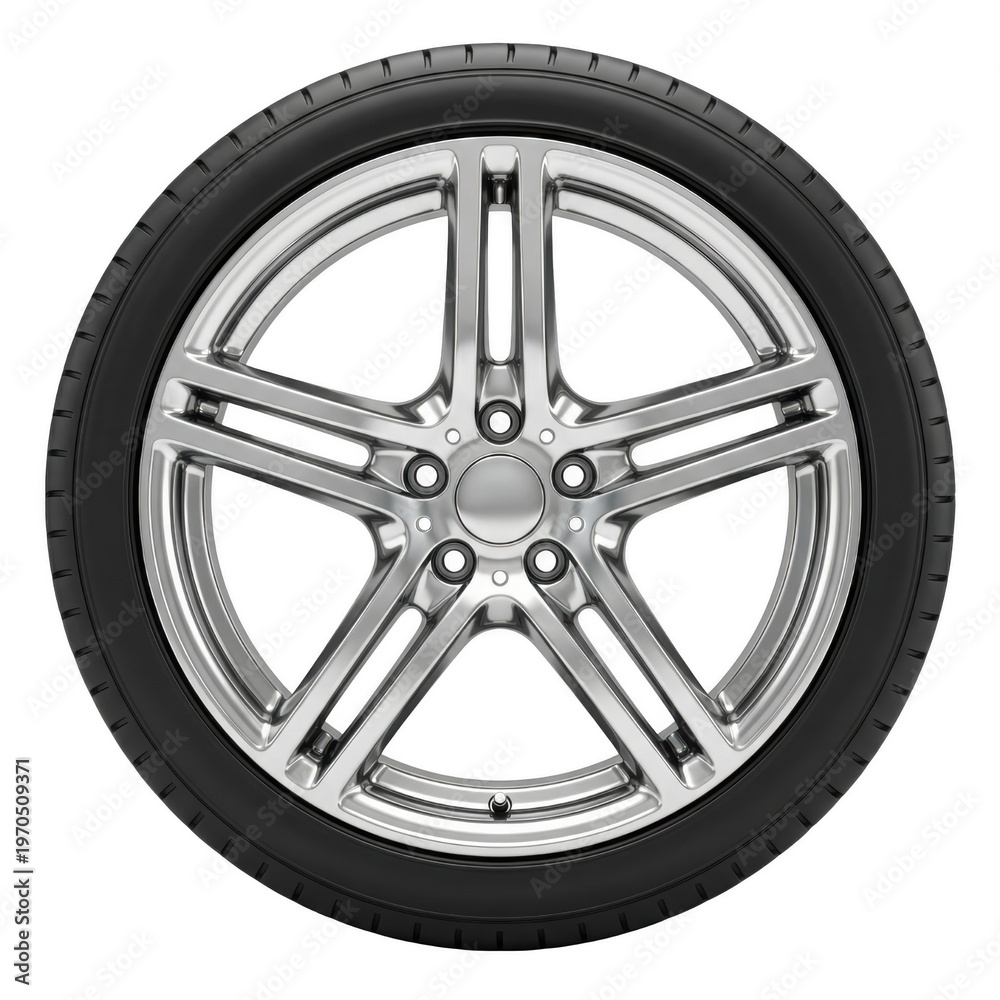 Fototapeta premium Modern Five Spoke Chrome Alloy Car Wheel and Tire