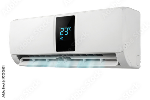 Modern White Wall Mounted Air Conditioning Unit Showing 23 Degrees Celsius with Visible Airflow