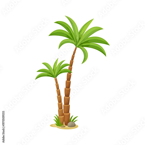 Cartoon tropical palm tree with green leaves, brown trunks, sand, grass and stones. Vector island plants with natural foliage. Isolated summer Hawaiian vacation scenery, exotic tropical paradise plant