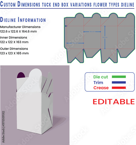 Custom Dimensions tuck end box variations flower types dieline 