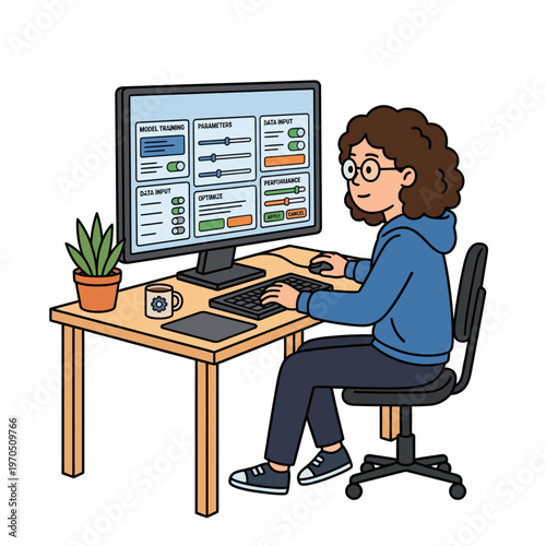 Woman sitting at desk with computer.